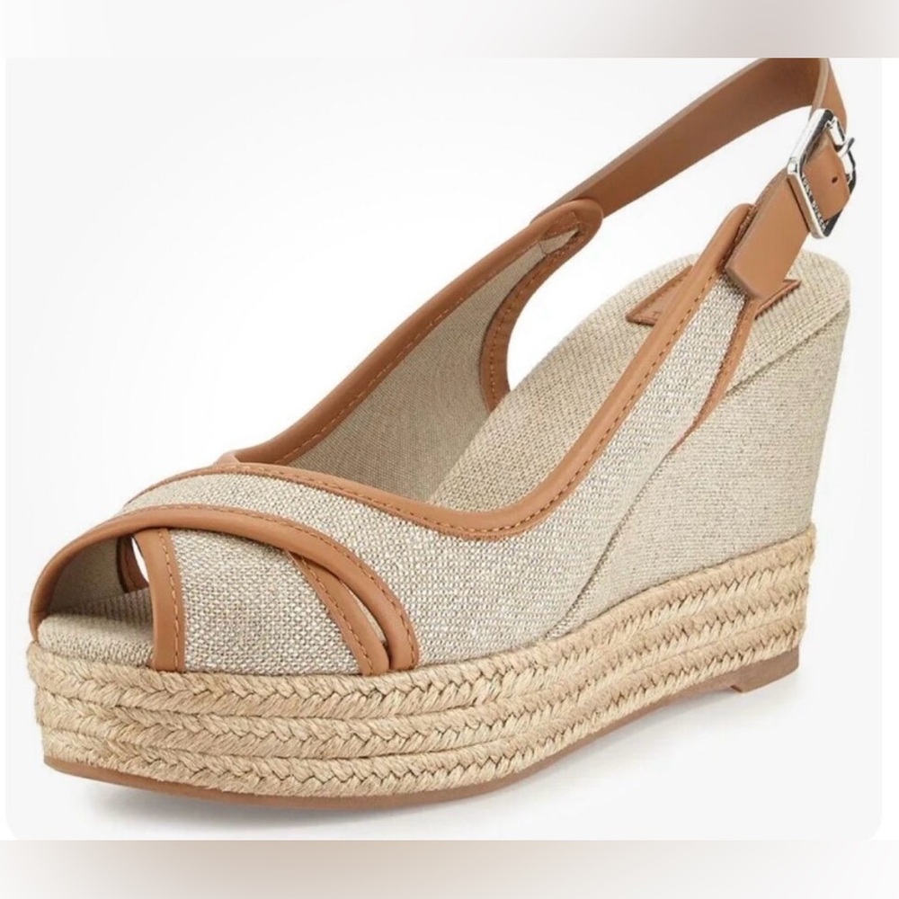 Tory Burch Majorca Slingback Wedge Espadrilles Plata/Royal Tan SZ 10